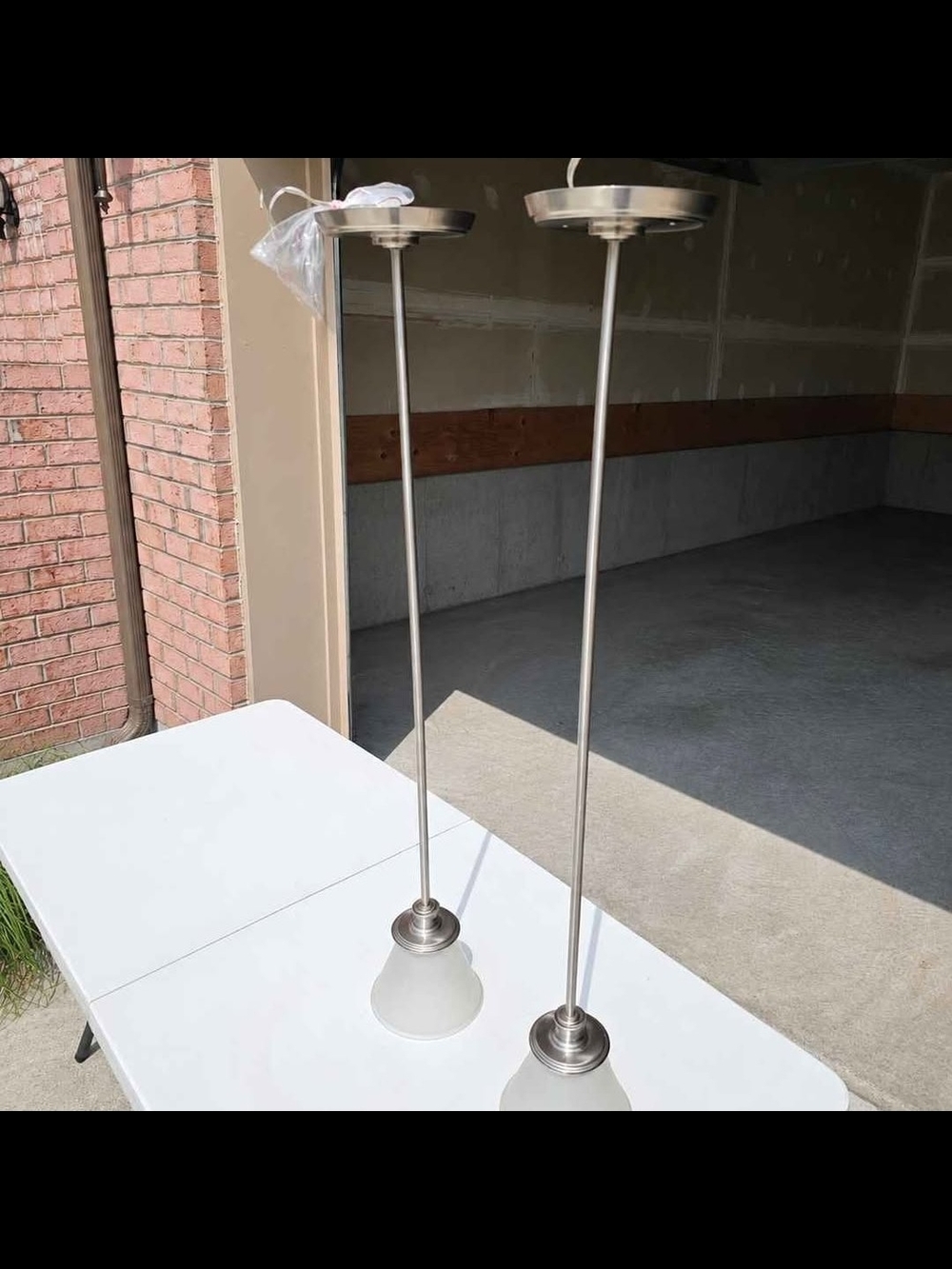 Pair of Brushed Nickel Pendant Light Fixtures with Frosted Glass Shades